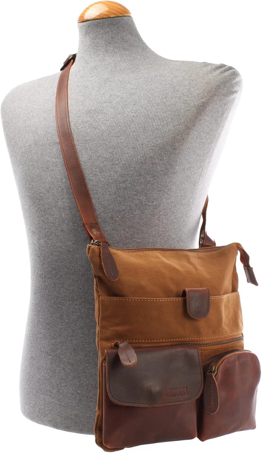 LECONI Umhängetasche Canvas &amp; Leder kleine Schultertasche Handtasche Damen + Herren Vintage Retro St