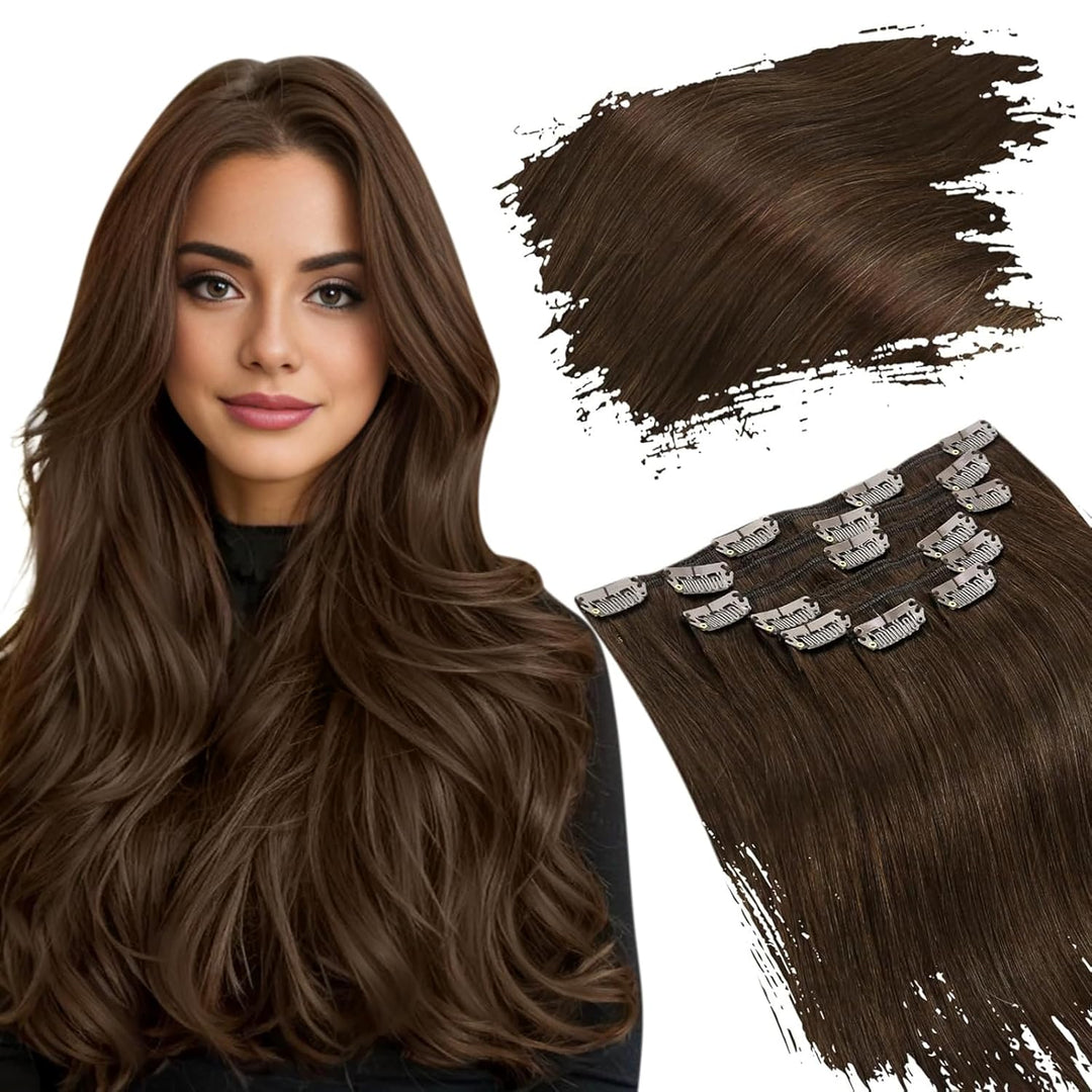 Ugeat Haarverlängerung Echthaar Clip in Extensions Echthaar Schokobraun Menschliches Haar Remy Clip
