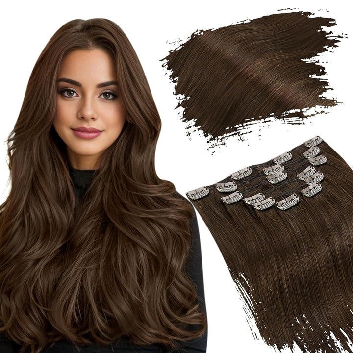 Ugeat Haarverlängerung Echthaar Clip in Extensions Echthaar Schokobraun Menschliches Haar Remy Clip
