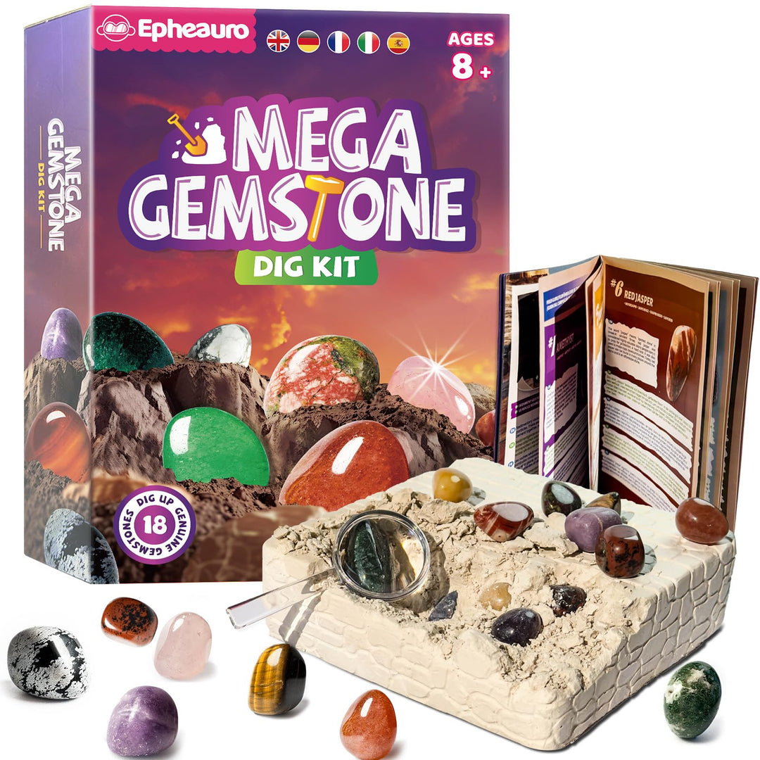 Mega Edelstein-Ausgrabungsset für Kinder – 18 echte Kristalle, Mineralien & Steine für Kinder ab 8 J