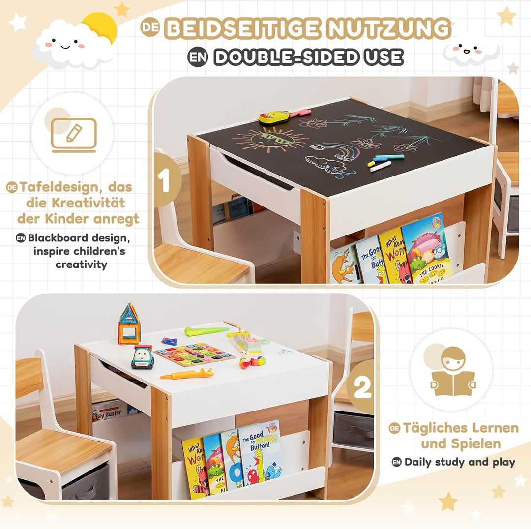 Yorbay Kindertisch mit 2 Stühle, Kindermöbel Set aus Holz mit Stauraum und Bücherregalen, 3 in 1 Mal