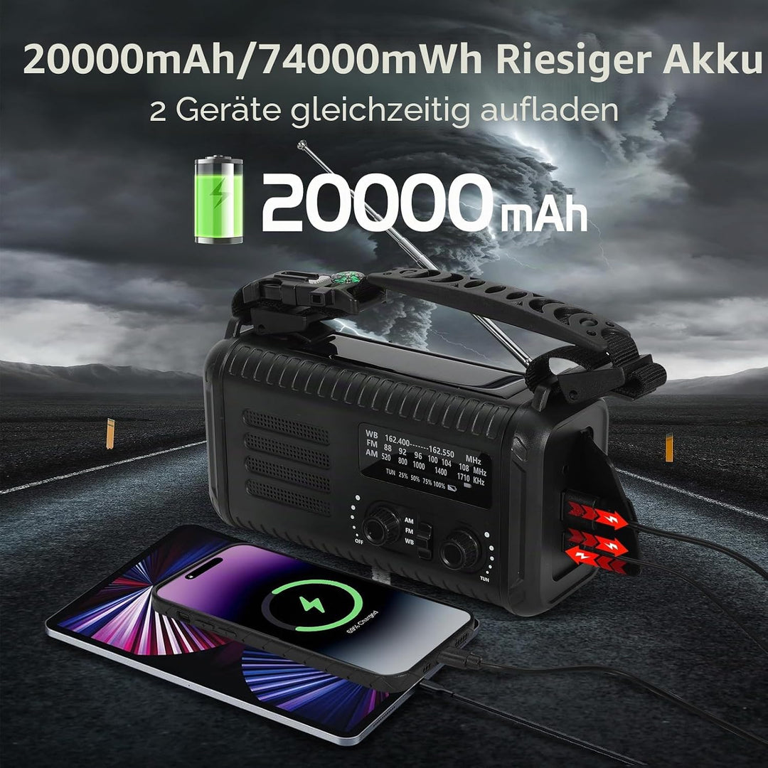 Notfallradio, Crank Wetterradio, 20000mAh Solarradio, Hand Kurbelradio mit AM/FM/NOAA, tragbares Rad