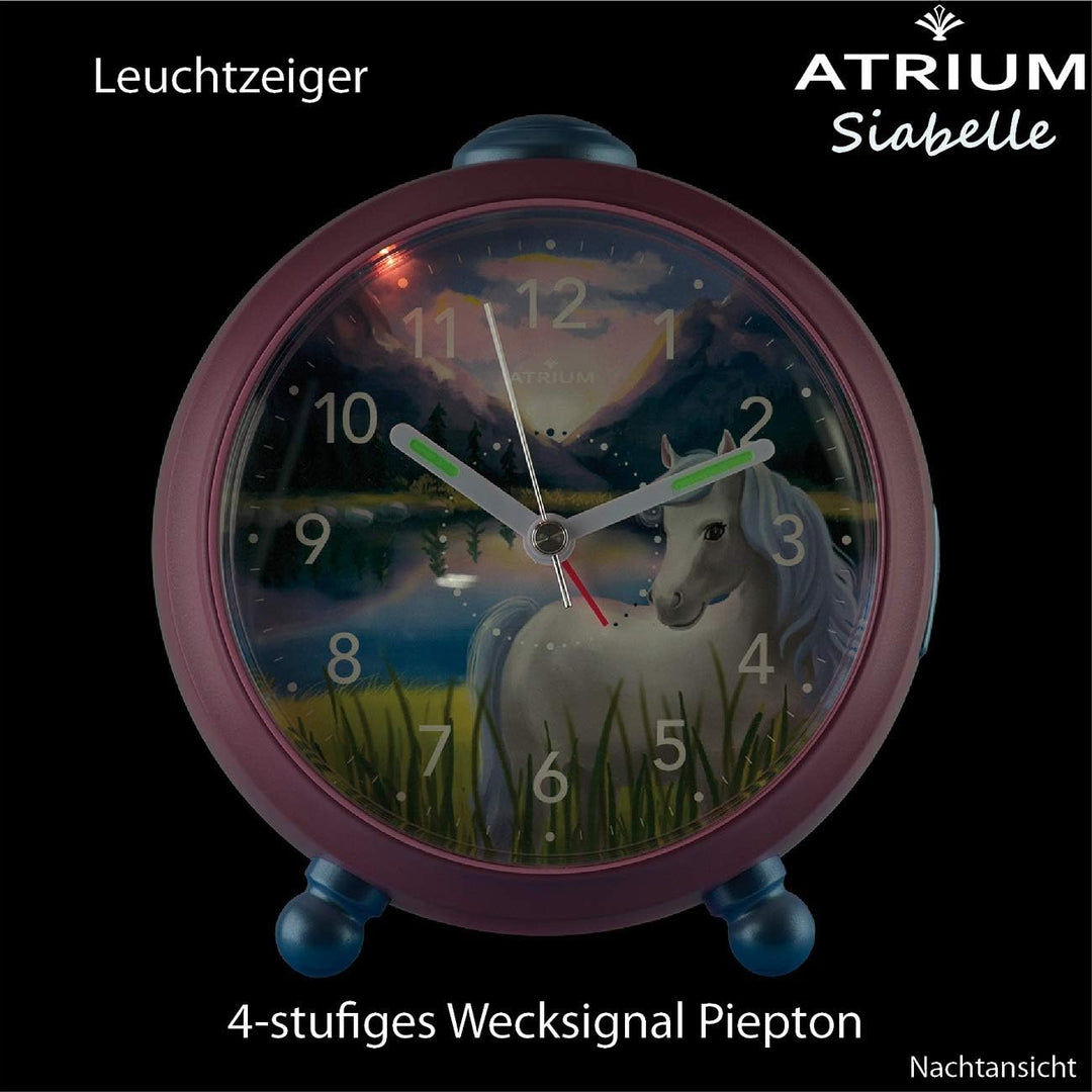 Atrium Kinderwecker Mädchen Siabelle Pferd Rosa Lila Weiss Analog Quarz ohne Ticken mit Licht und Sn