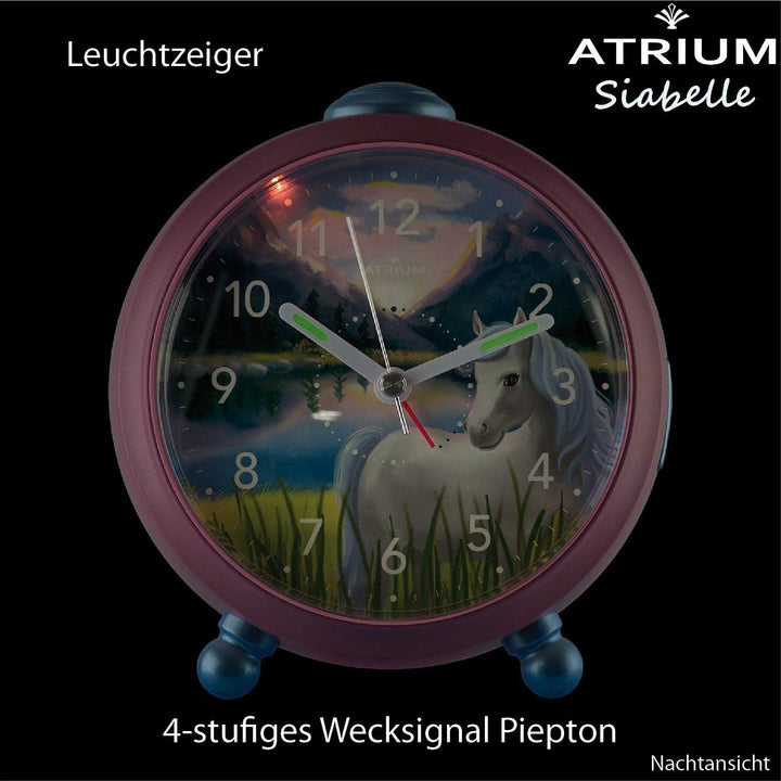 Atrium Kinderwecker Mädchen Siabelle Pferd Rosa Lila Weiss Analog Quarz ohne Ticken mit Licht und Sn