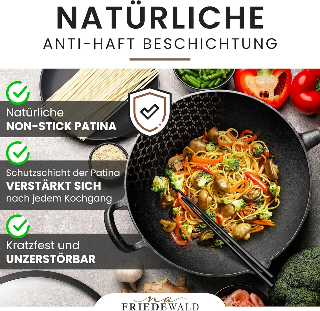 Friedewald® Gusseisen Wok mit Deckel - induktionsgeeignet - 33cm 5L / für 4-6 Personen - alle Herdar