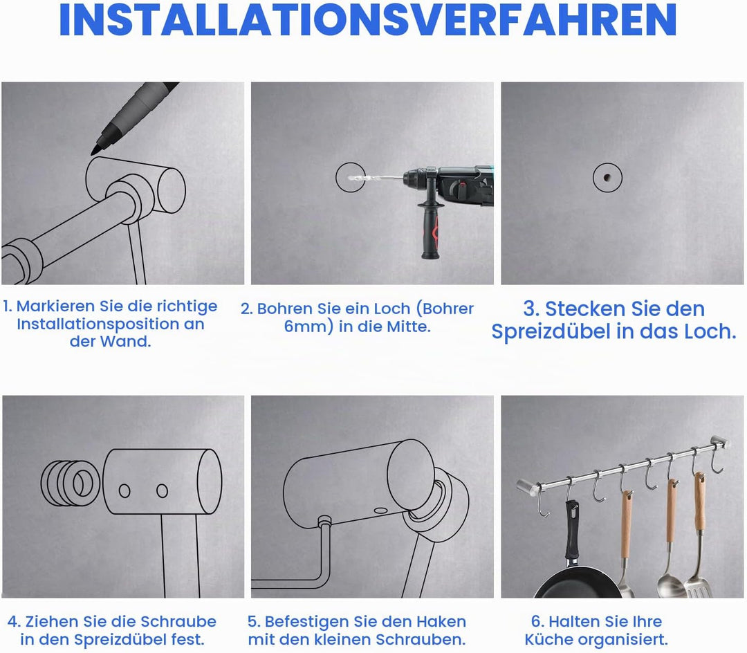 Geschirr hängende Rack mit 10 abnehmbaren Haken, Küche Schiene Pan Hanger Edelstahl Wand montierte M