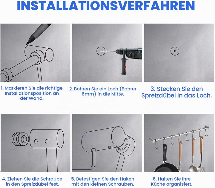Geschirr hängende Rack mit 12 abnehmbaren Haken, Edelstahl Küche Schiene Pfanne Hanger Wandmontage O