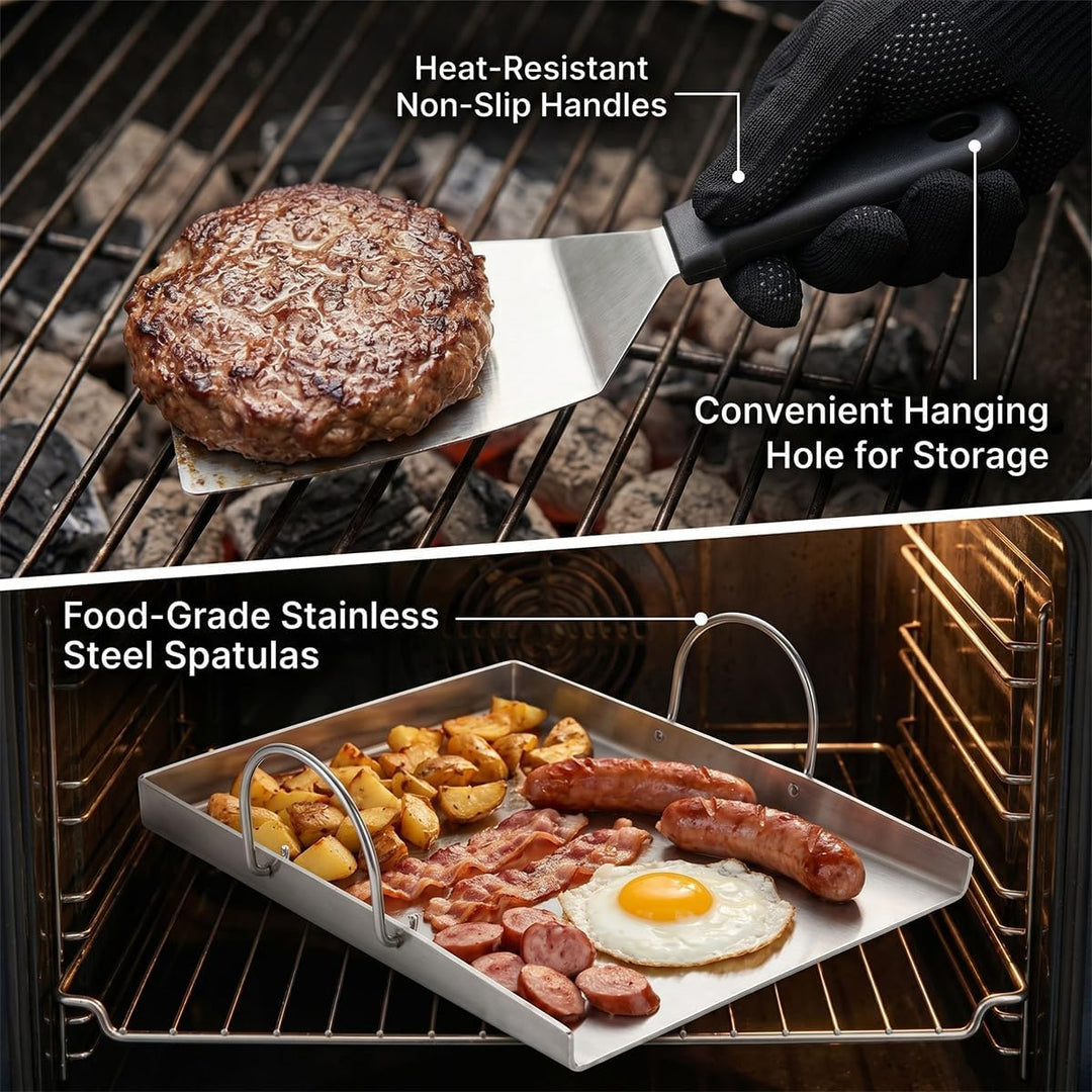 5 Set Plancha Grillplatte - Edelstahl Grillplatte - 2 Grillspachteln &amp; Ölflasche - 30x40 cm Plancha