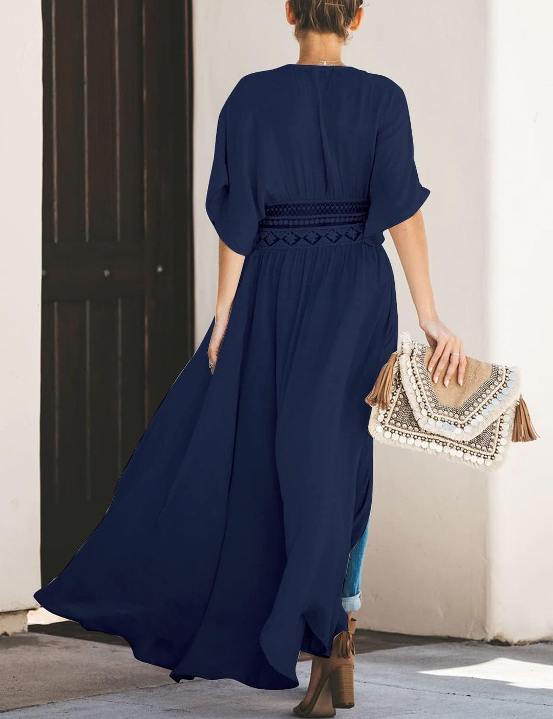 FANCYINN Damen Sommer Cover up Bikini Maxi Strandkleid Boho Kimono Lang Strand Cardigan Leichte Stri