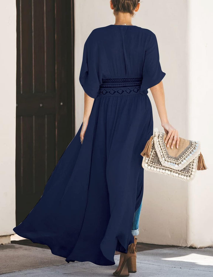 FANCYINN Damen Sommer Cover up Bikini Maxi Strandkleid Boho Kimono Lang Strand Cardigan Leichte Stri