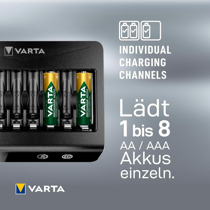 VARTA Akku Ladegerät, Batterieladegerät für wiederaufladbare AA/AAA, bis zu 8 Akku, LCD Multi Charge