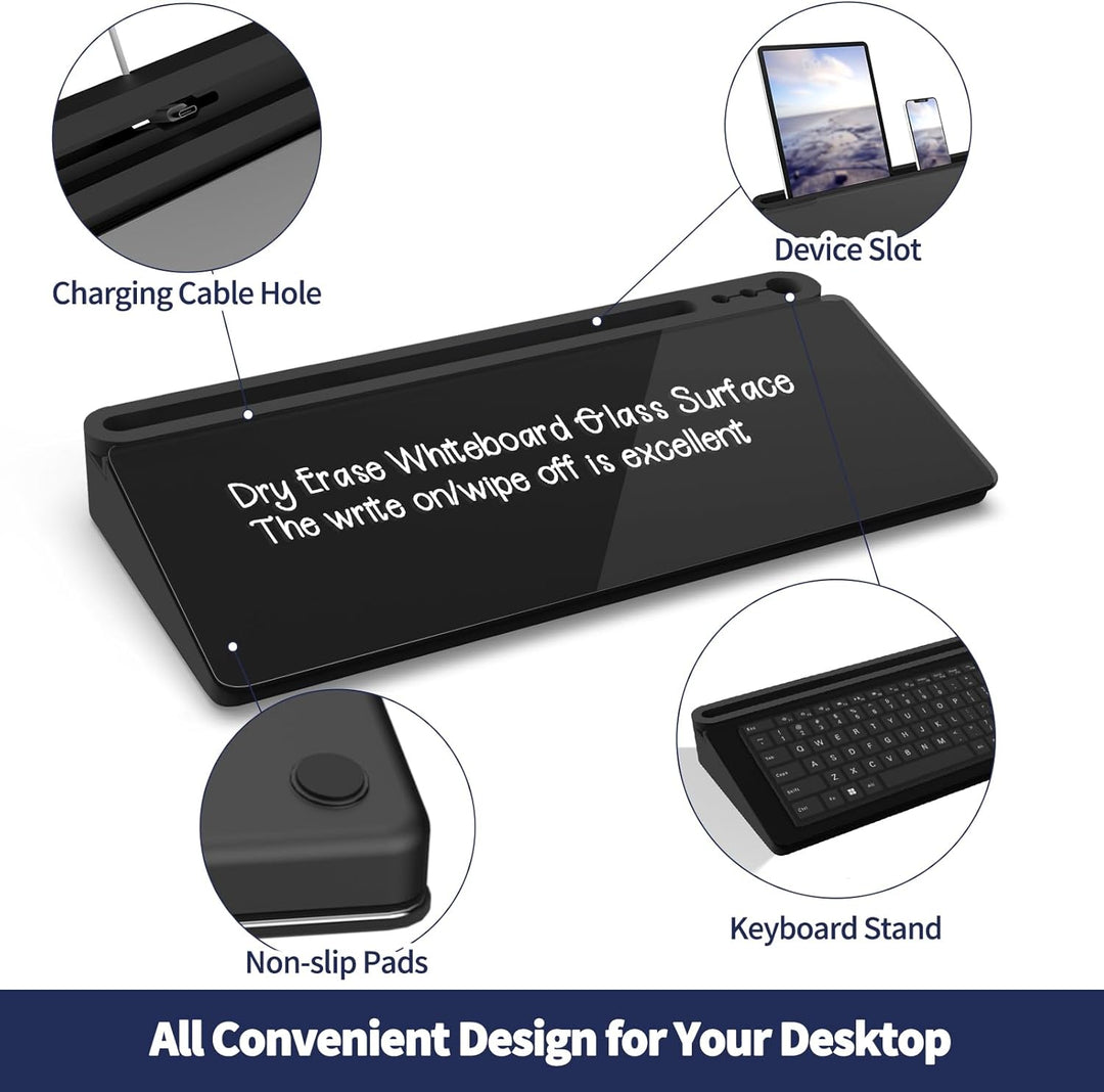 Schwarzes Desktop Whiteboard mit Stauraum, Glas Notiztafel für Büro Gadgets, abwischbare Mini Tafel