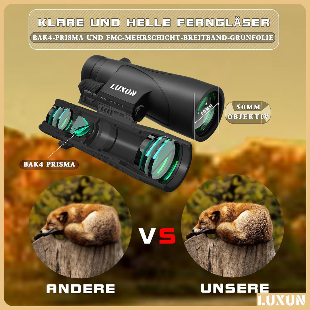 LUXUN 12x50 HD Fernglas für Erwachsene, Fernglas mit Smartphone Adapter Tragetasche, 20mm grosses Ok