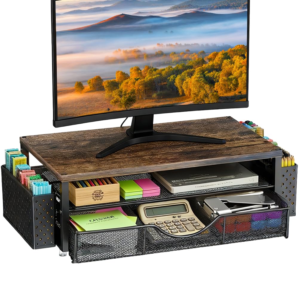 Monitorständer, Monitorständer Mit 2 Ebenen, Schreibtisch Organizer | mit Schublade und 2 Stifthalte
