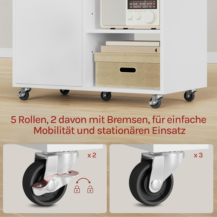 WOLTU Aktenschrank mit Rollen, Druckertisch mit 3 offenen Fächern, 1 Tür, verstellbaren Ablagen, für