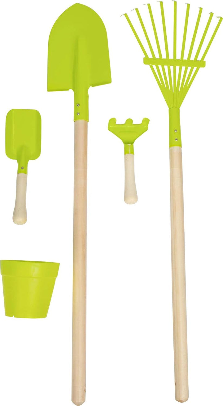 small foot 11663 Gartentrolley-Set aus Buchenholz und Metall inkl. Spaten, Rechen, Pflanztopf, Schau