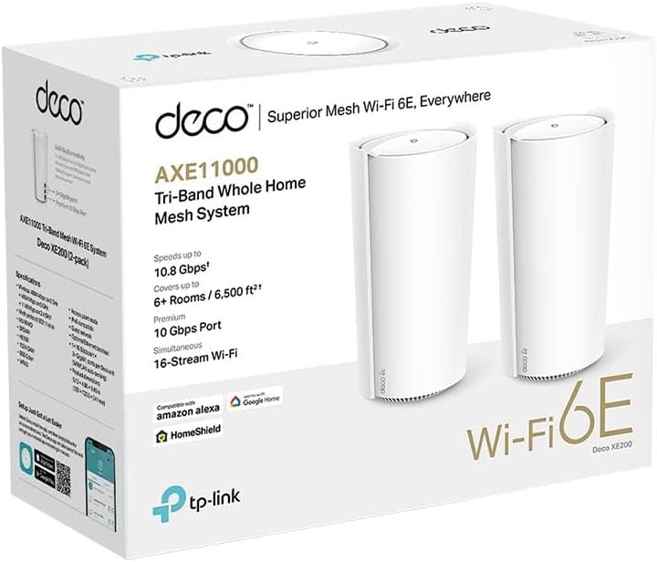 TP-Link Deco XE200 Wi-Fi 6E Mesh WLAN Set(2 Pack), AXE11000 Tri-band, 16 Streams, 1× 10G-Port + 2× 1