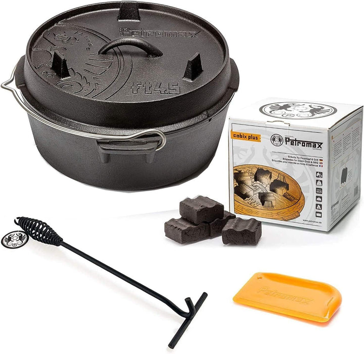 Petromax Feuertopf Starterset ft4.5-t (Dutch Oven Planer Boden) inkl. Kohlen + Deckelheber + Schaber