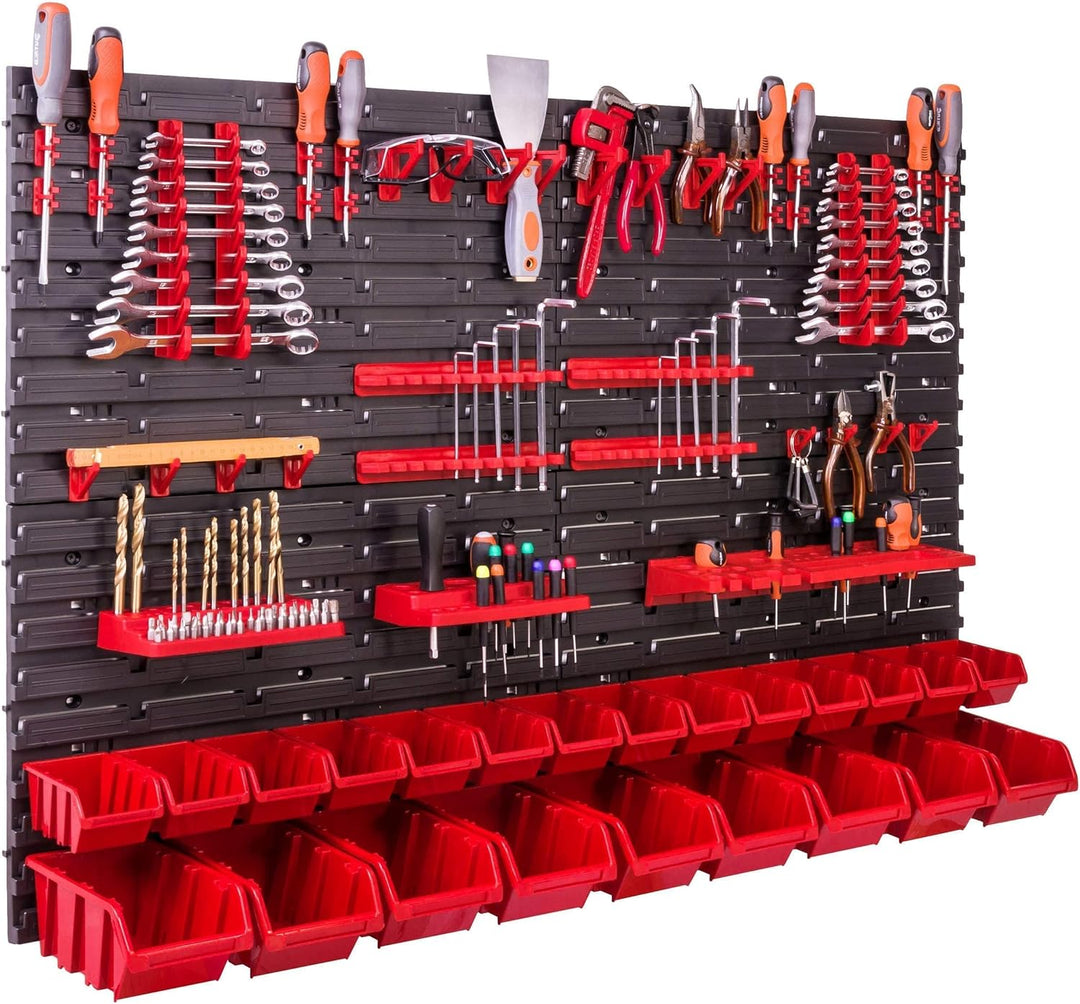 Lagersystem Wandregal 115x78 cm, Werkzeughalterungen, 23 stck. Stapelboxen Schüttenregal Sichtlagerk