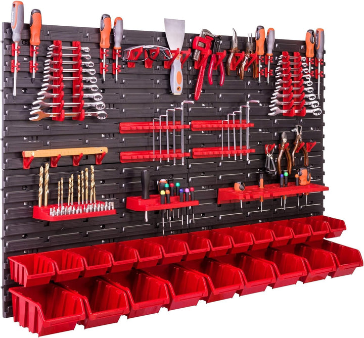 Lagersystem Wandregal 115x78 cm, Werkzeughalterungen, 23 stck. Stapelboxen Schüttenregal Sichtlagerk