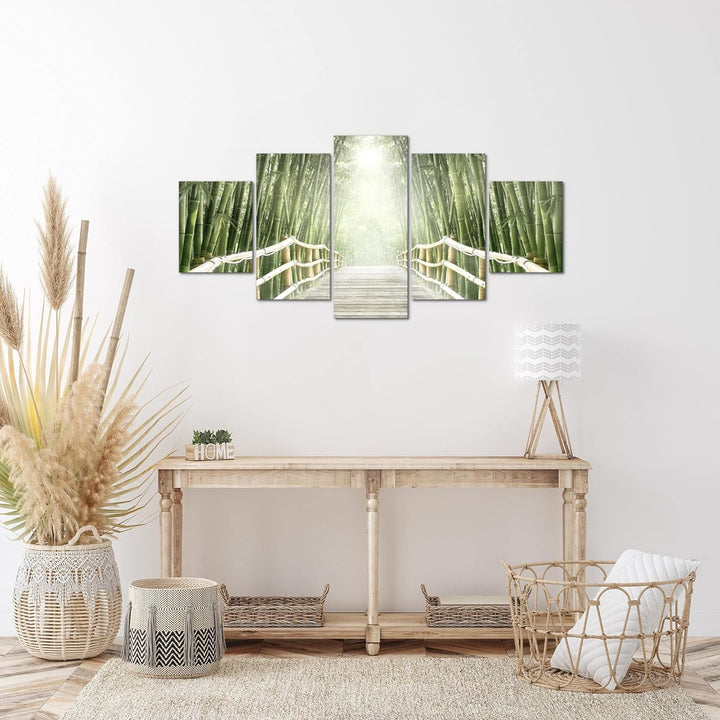 Runa Art Wandbilder Brücke Bambus 5 Teilig Bild auf Vlies Leinwand Deko Wohnzimmer Schlafzimmer Wald