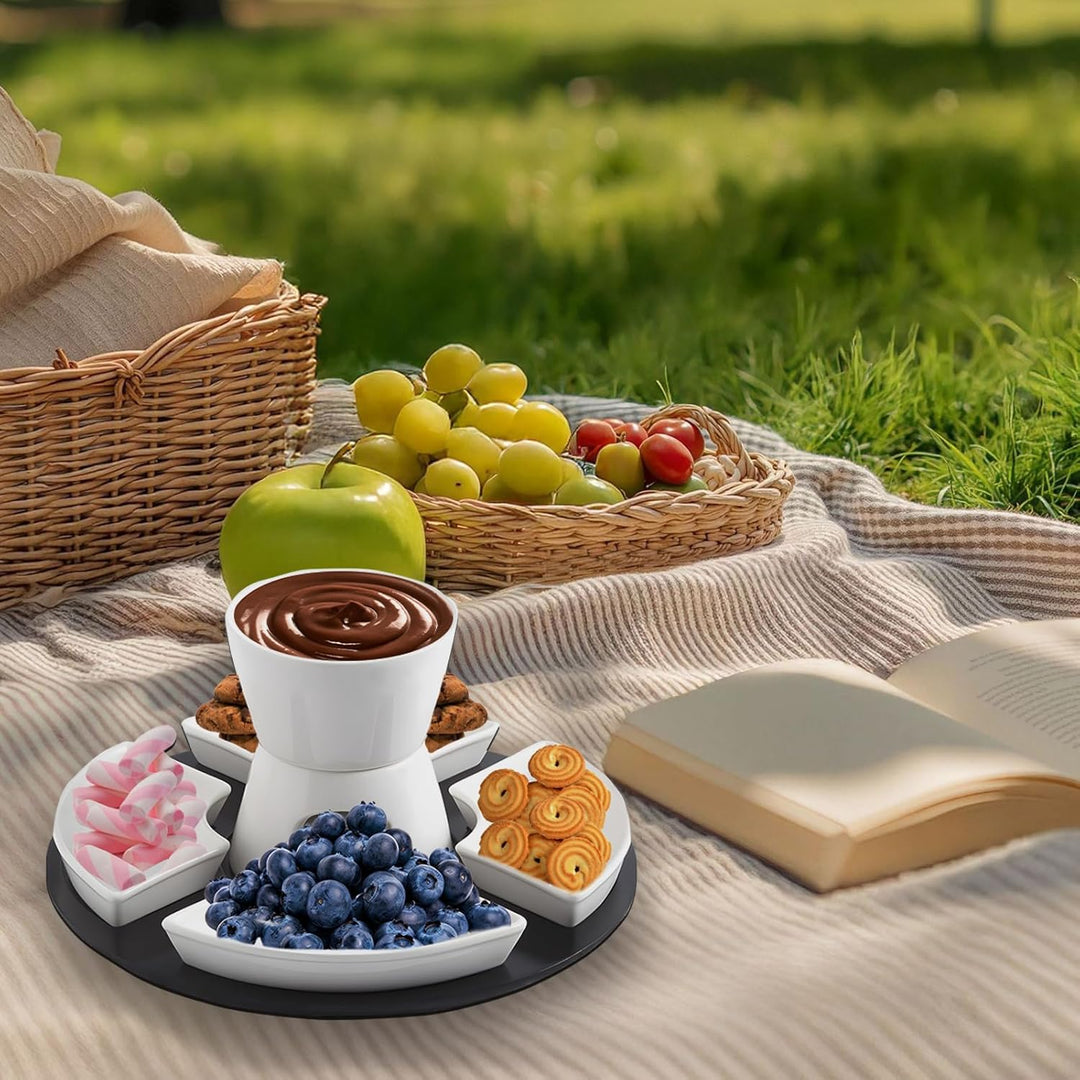 Keramik Schokofondue, Fondueset mit Holzpalette, 4 Gabeln, 4 Snackschalen, Schokobrunnen mit Schmelz