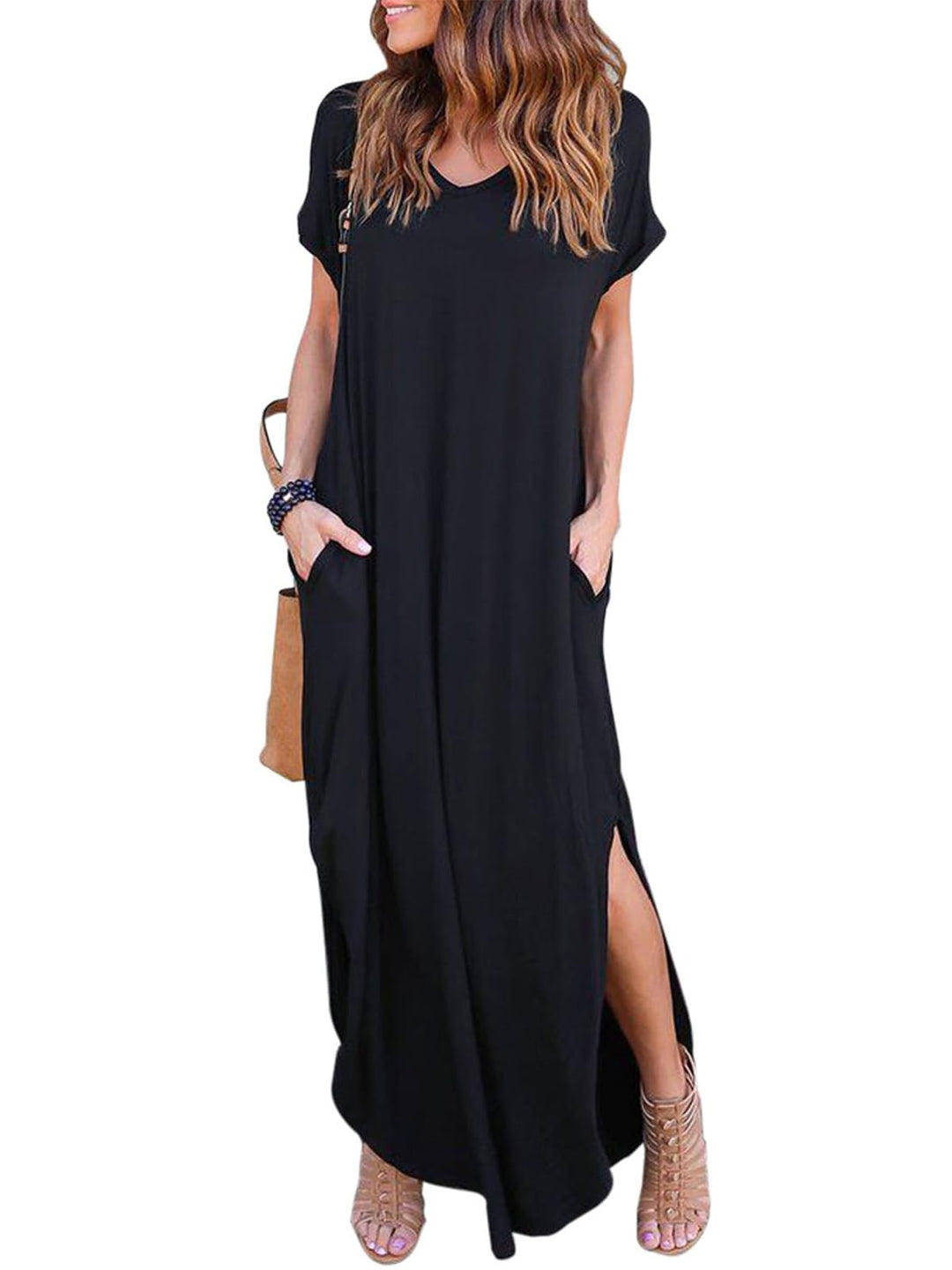 HUSKARY Damen-Sommer-Maxikleid, lässig, lockere Taschen, langes Kleid, kurze Ärmel, geteilt Schwarz