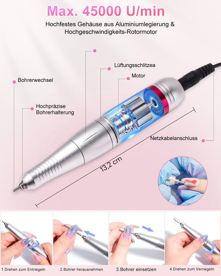 CozyZen Elektrische Nagelfräser Professional: 45000 U/min Nagelpflege-Kit mit LCD-Display, Hand- &amp; F