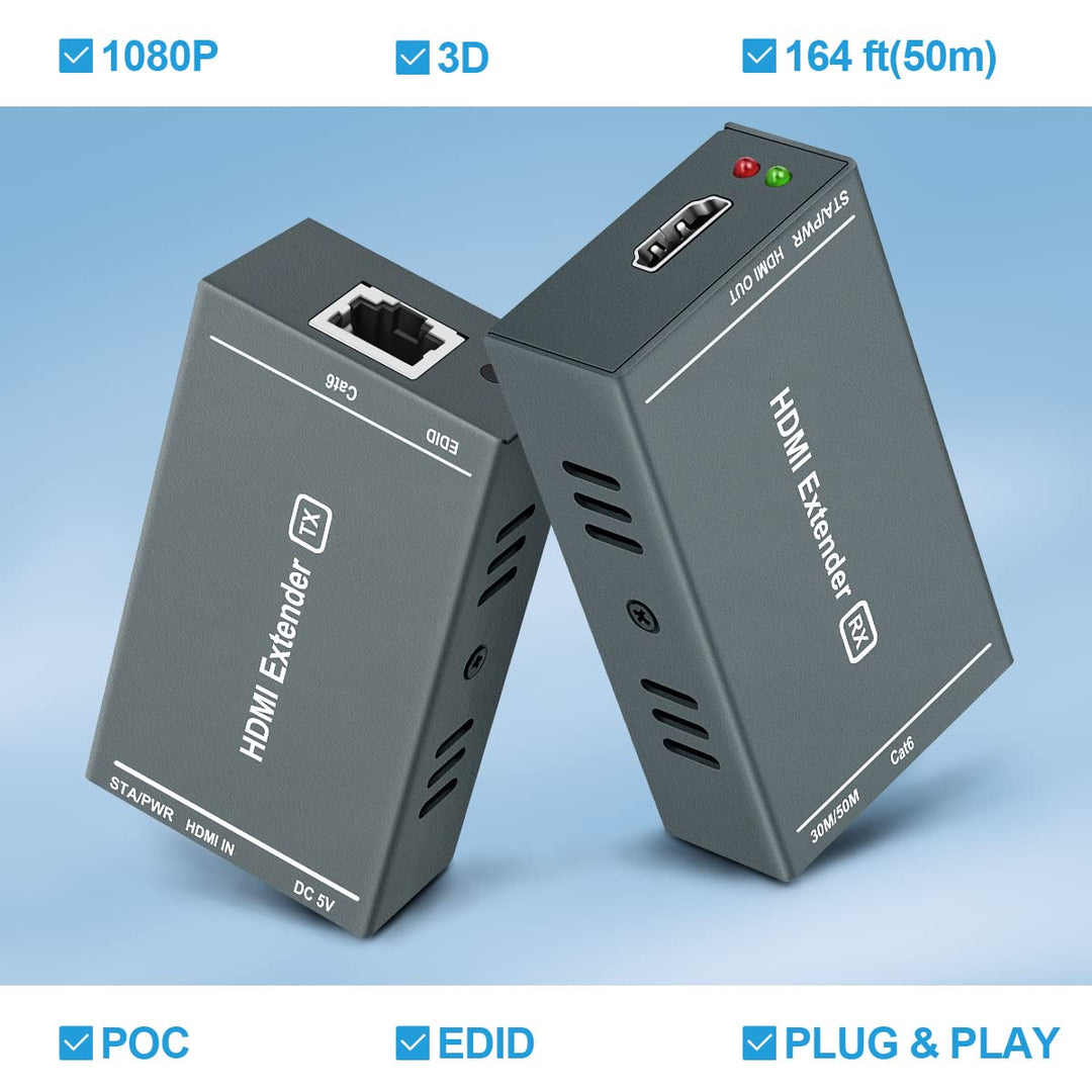 HDMI Extender 165ft/35m Low Latency Over Single Cat5e/6 RJ45 Cable Full HD 1080P Support 3D EDID, Lo