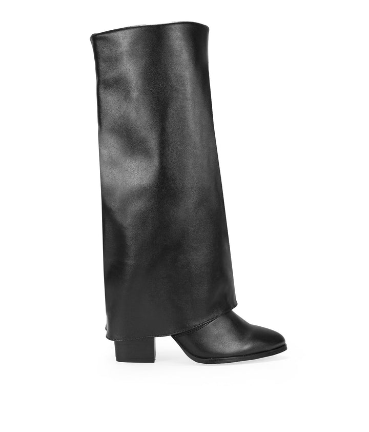 BOSANOVA Stiefeletten aus schwarzem veganem Leder mit gefaltetem Schaft, verlängerter Zehe und 7 cm