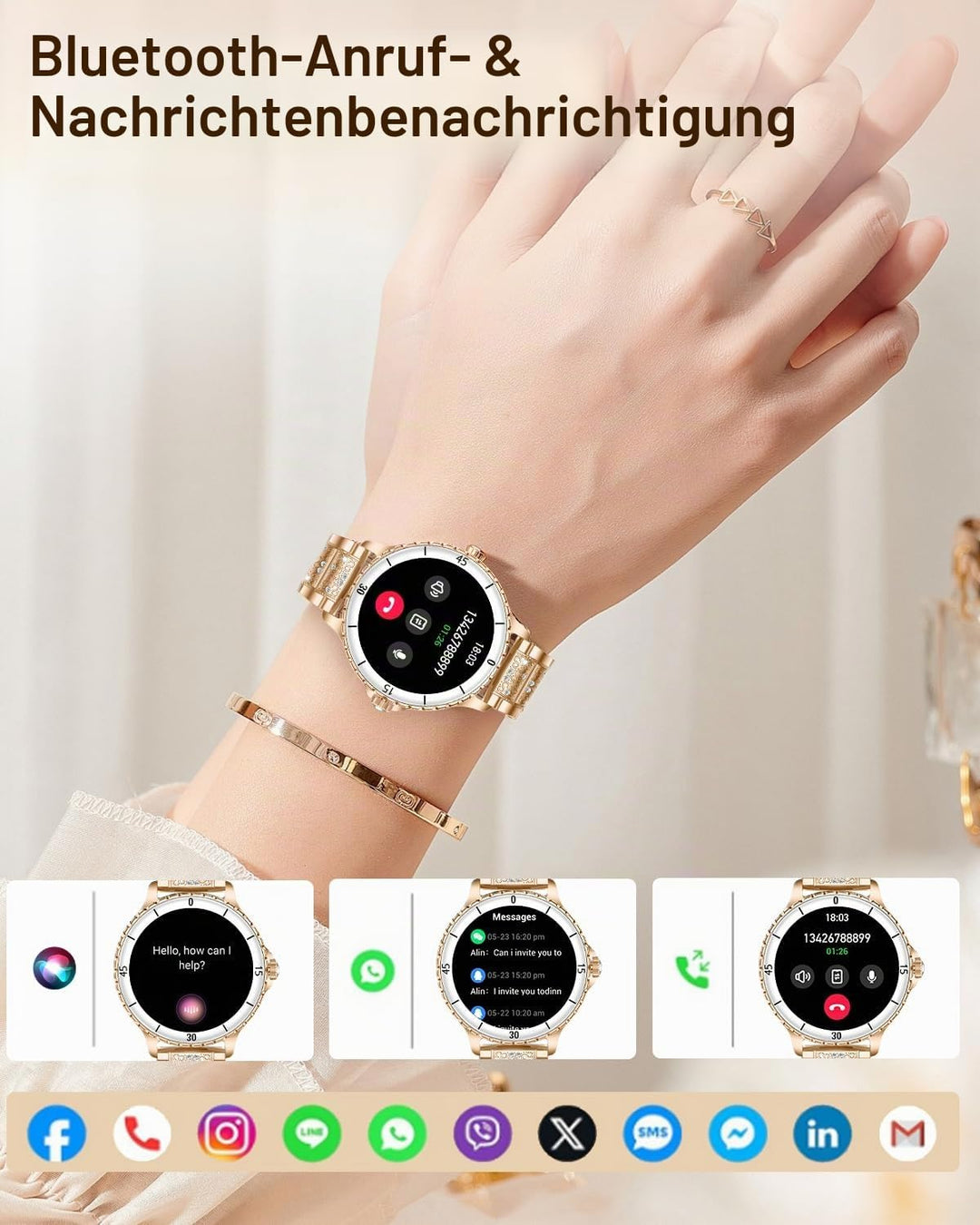 Smartwatch Damen mit Telefonfunktion, 1.27" Smart Watch Rund mit Diamantband für Android iOS, IP68 W