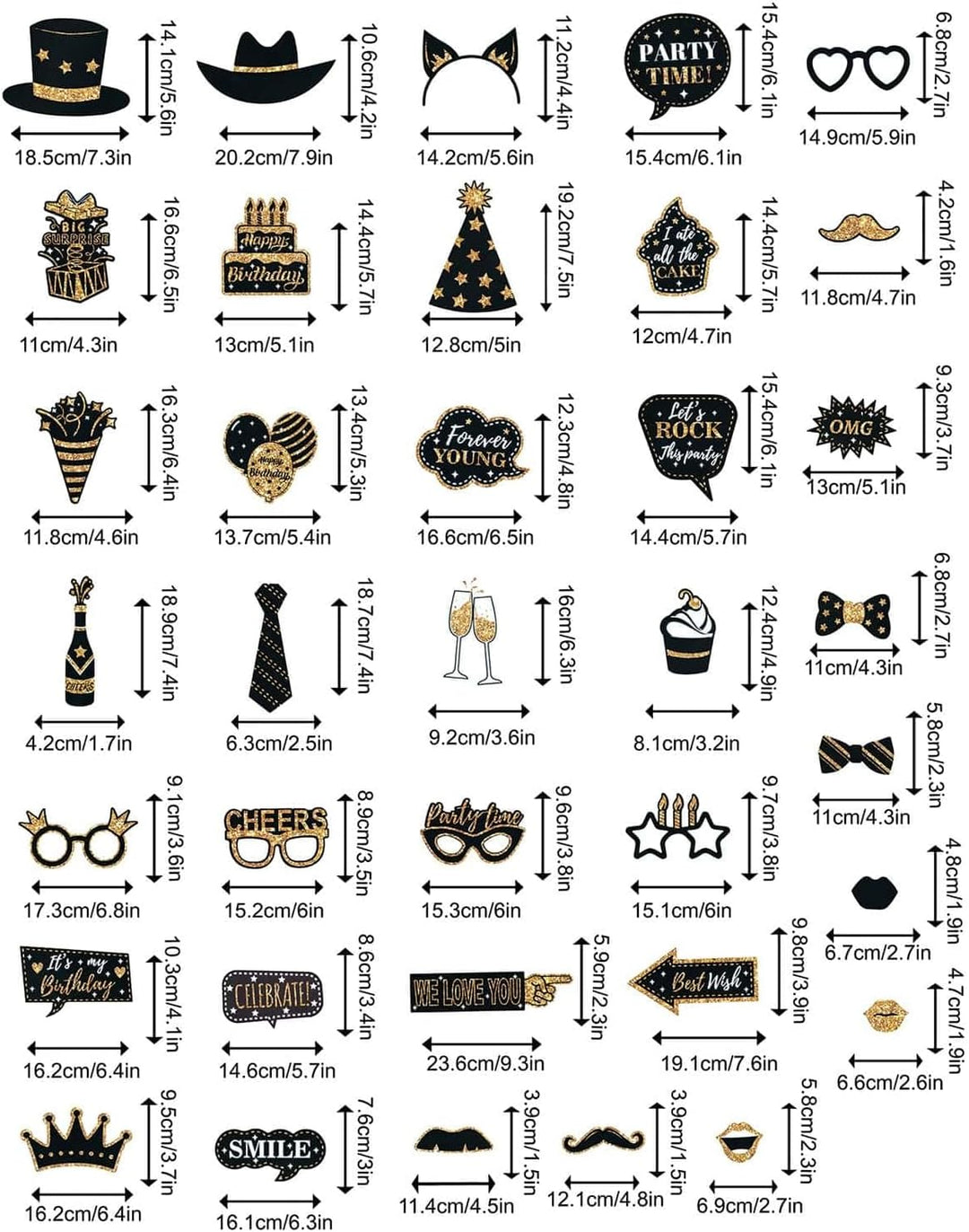 Foto Requisiten,36 Stück Fotobox Accessoires,Foto Verkleidung mit Sticks und Stickern,Schwarzes Gold