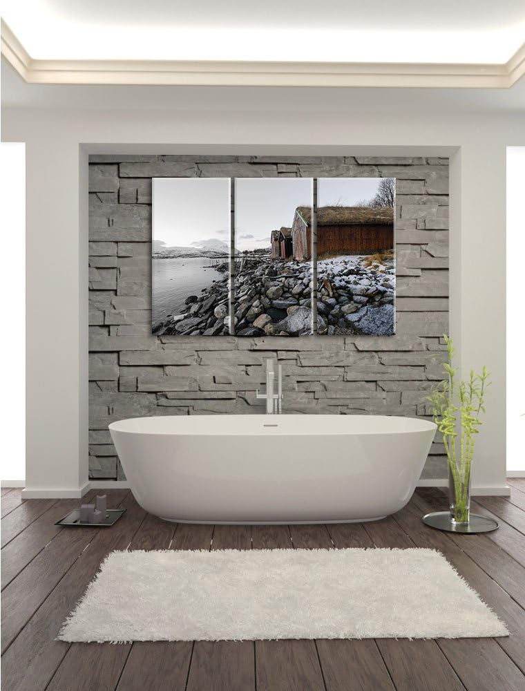 Pixxprint Küste der norwegischen See Tromso / 3-Teilig/Gesamtmass 120cm Leinwandbild bespannt auf Ho