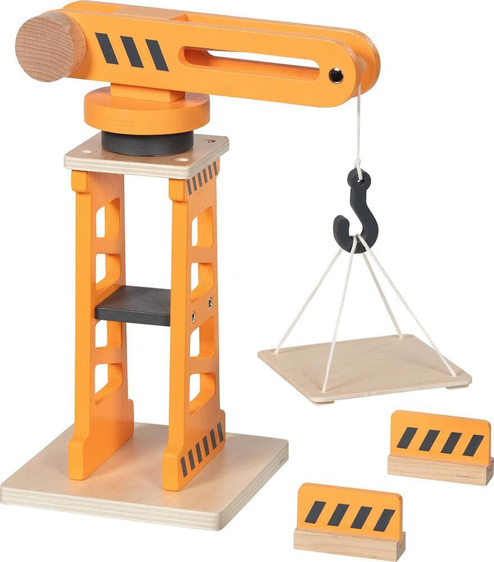 goki 55824 – Drehkran mit Zwei Absperrbarken und Ladeplattform, beweglicher Spielzeug-Baukran aus Ho