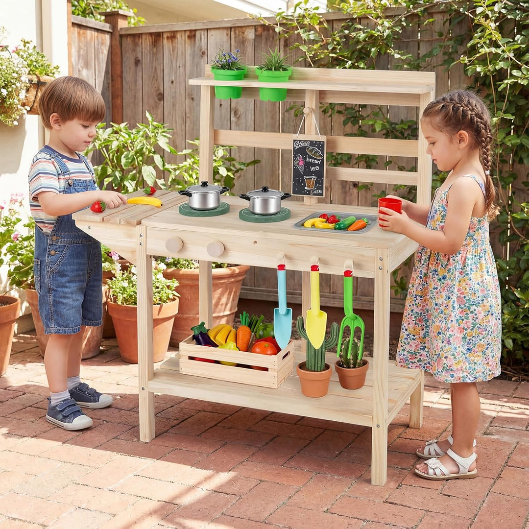 HOMASIS Kinderspielküche, Outdoor-Matschküche mit Herd, Spüle, Drehknöpfen und Kreidetafel, Kochspie