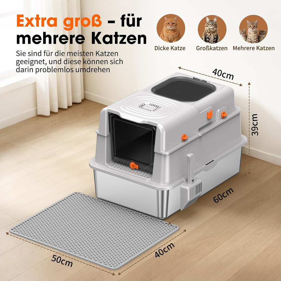 Edelstahl Katzentoilette mit Deckel, XXL extra grosse Katzenklos für grosse Katzen, geschlossene Kat