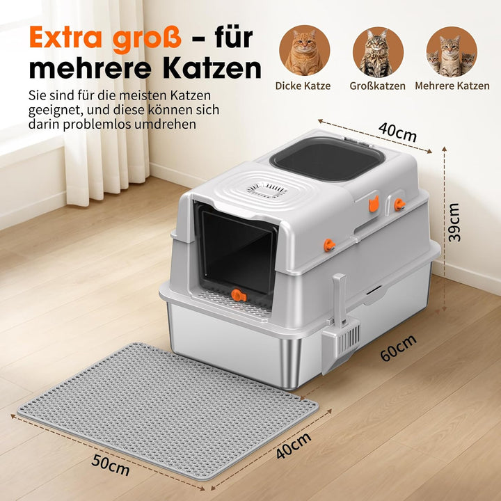 Edelstahl Katzentoilette mit Deckel, XXL extra grosse Katzenklos für grosse Katzen, geschlossene Kat