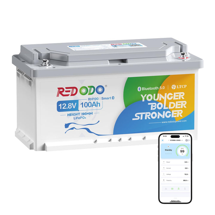 Redodo 12V 100Ah Bluetooth LiFePO4 Batterie mit 188mm Höhe, 1280Wh Tiefzyklus Lithium Batterie mit S