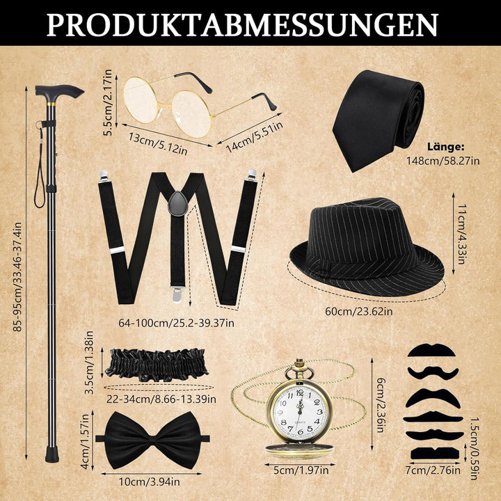 11 Stück 1920er Jahre Herren Gatsby Kostüm Set Weste, Beret, Krücke, Brille, Ärmelstülpe, Hosenträge