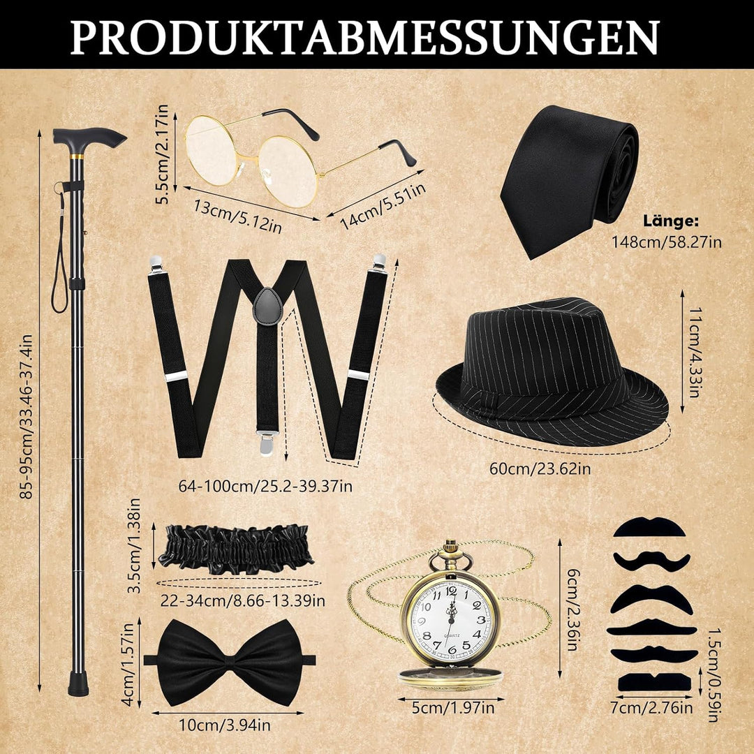 11 Stück 1920er Jahre Herren Gatsby Kostüm Set Weste, Beret, Krücke, Brille, Ärmelstülpe, Hosenträge