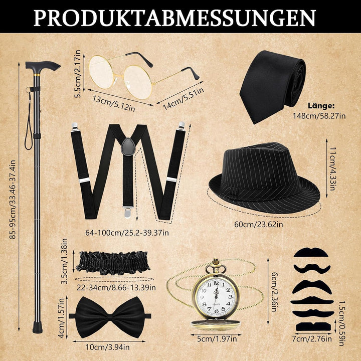 11 Stück 1920er Jahre Herren Gatsby Kostüm Set Weste, Beret, Krücke, Brille, Ärmelstülpe, Hosenträge