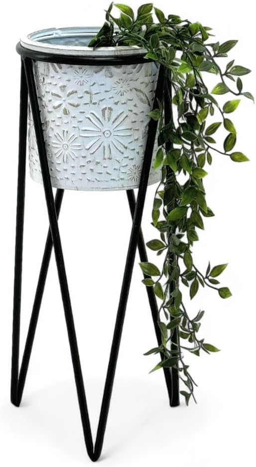 DanDiBo Blumenhocker mit Topf Metall Schwarz Weiss S 50 cm Blumenständer 96043 Blumensäule Modern Pf