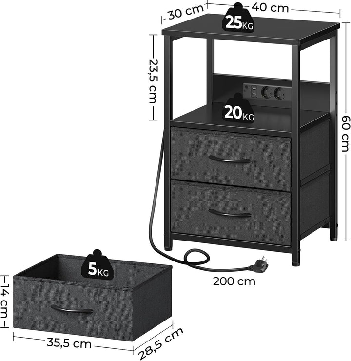Rolanstar Nachttisch mit Ladefunktion, Beistelltisch mit LED-Leuchten, 2 Stoffschubladen & 3-stufige