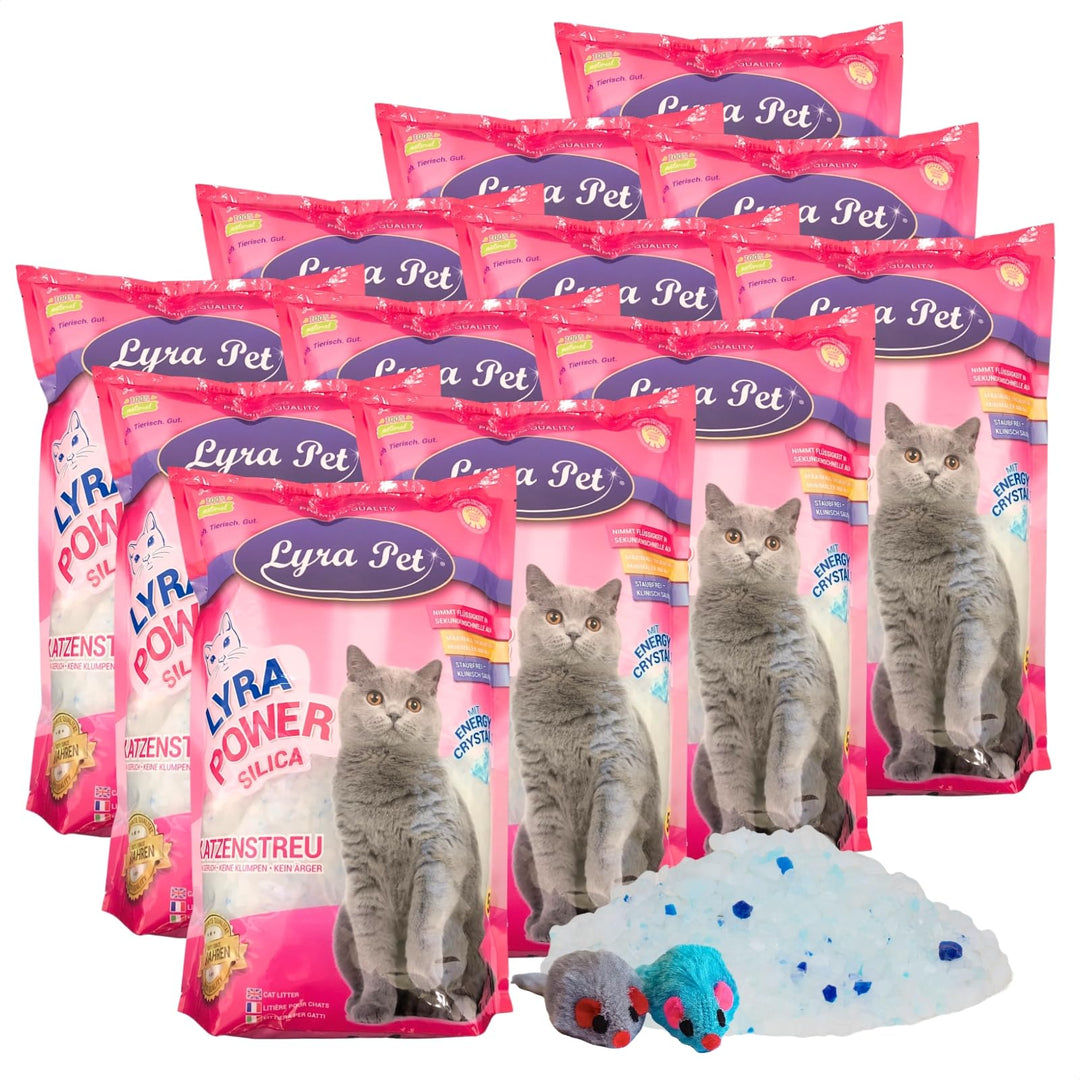 Lyra Pet® | 12 x 5 L = 60 L Lyra Power Silica Silikat Katzenstreu + 2 Spielmäuse | 100% Kieselgel |