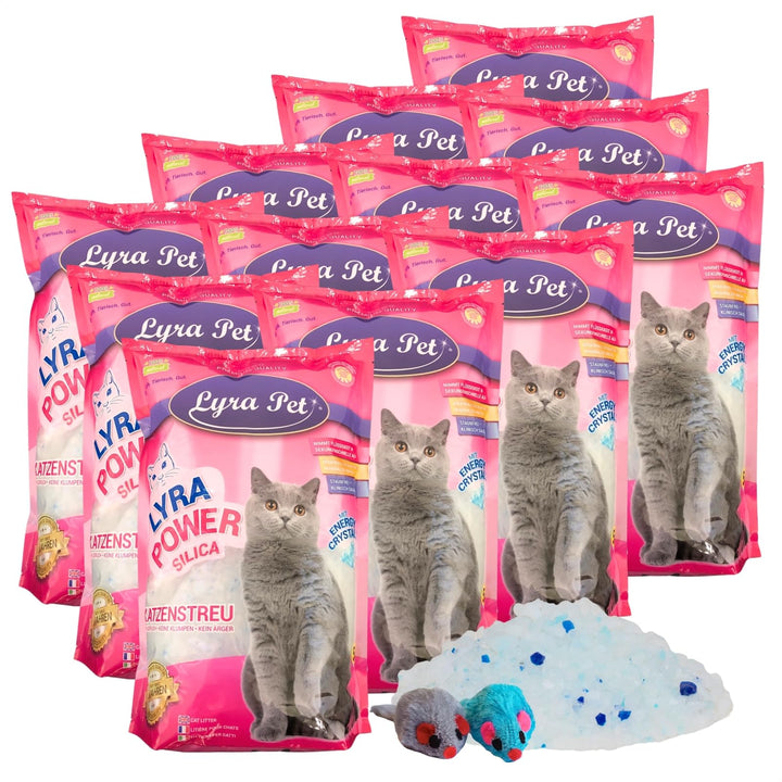 Lyra Pet® | 12 x 5 L = 60 L Lyra Power Silica Silikat Katzenstreu + 2 Spielmäuse | 100% Kieselgel |