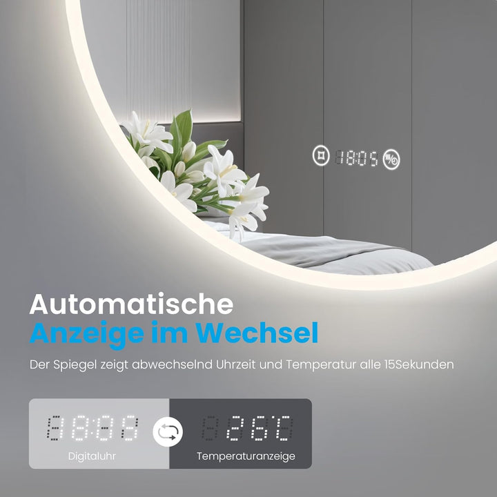 Heilmetz Badspiegel mit Beleuchtung Rund 60cm, LED Badezimmerspiegel mit Licht, Uhr, Antibeschlag, T