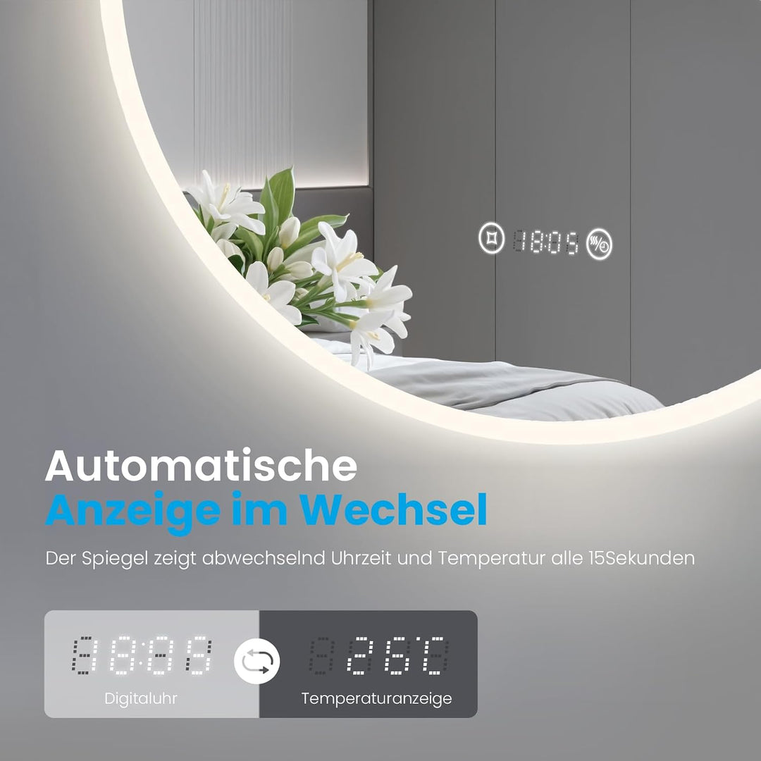 Heilmetz Badspiegel mit Beleuchtung Rund 70cm, LED Badezimmerspiegel mit Uhr, Antibeschlag, Touch, 4