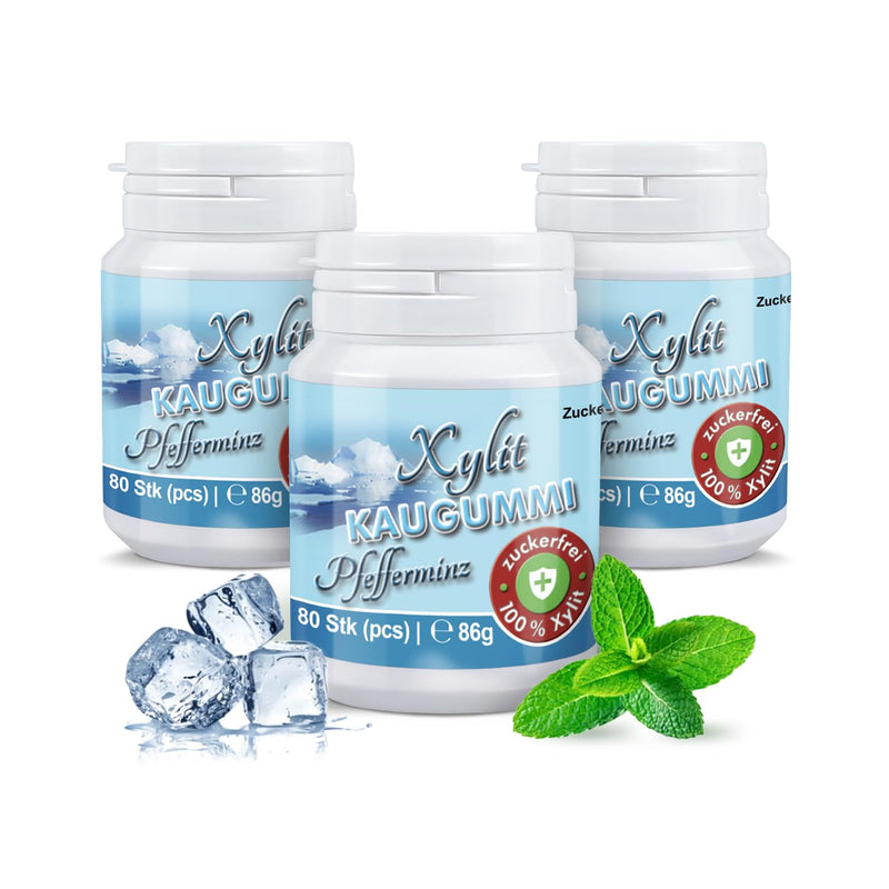 Xylitquelle Zahnpflegekaugummi PFEFFERMINZ | 3 x 80 Stk | 100% Xylit für angenehmen Atem | zuckerfre