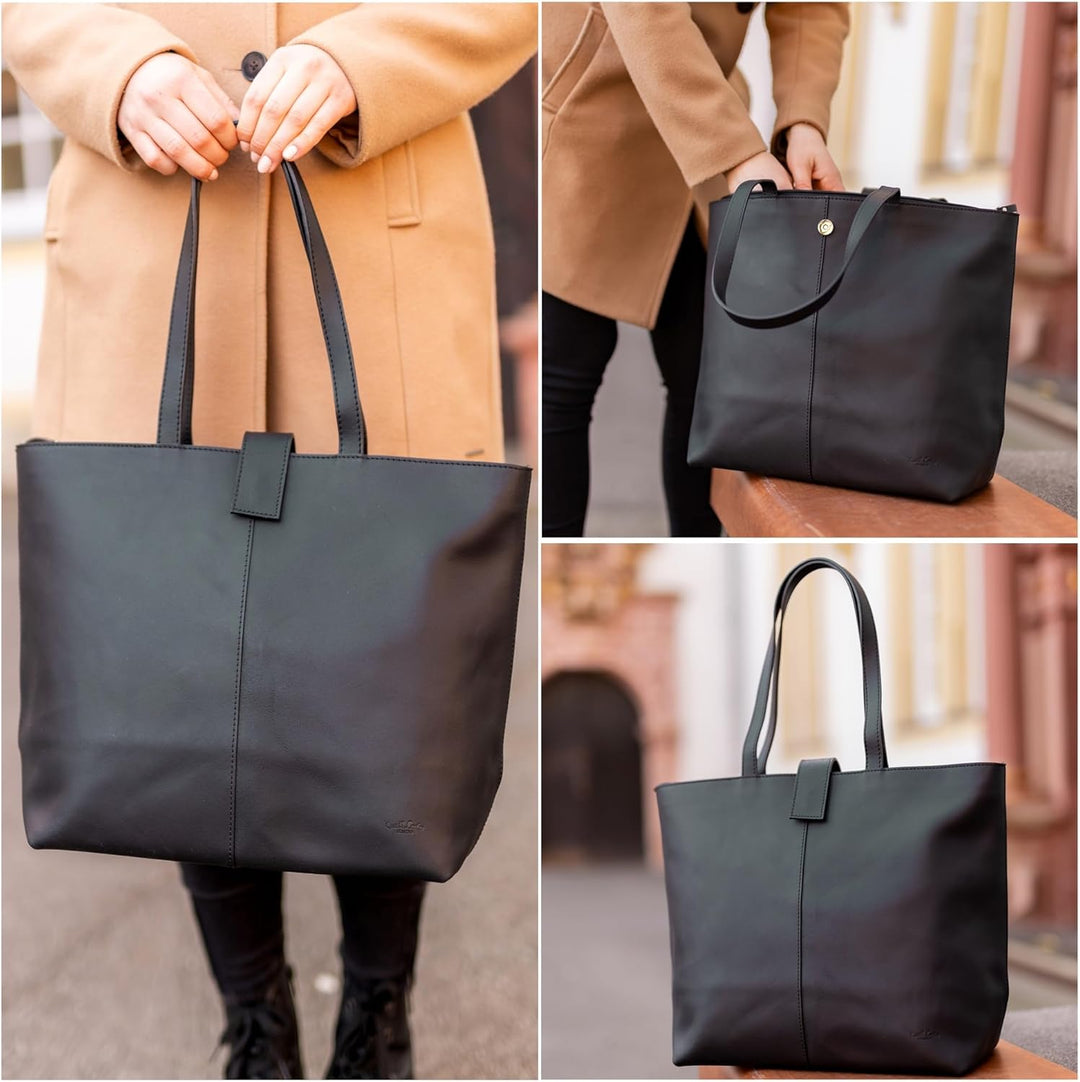 Gusti Shopper Leder - Alexandra Handtasche Damen Arbeitstasche Leder Schwarz, Schwarz