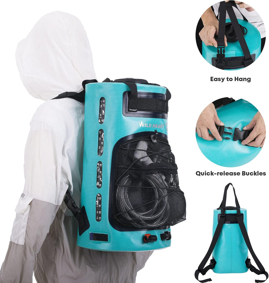 WILD HEART Campingdusche 22L Tragbare Dusche für Camping mit Druckfusspumpe und Duschbeutel-Rucksack